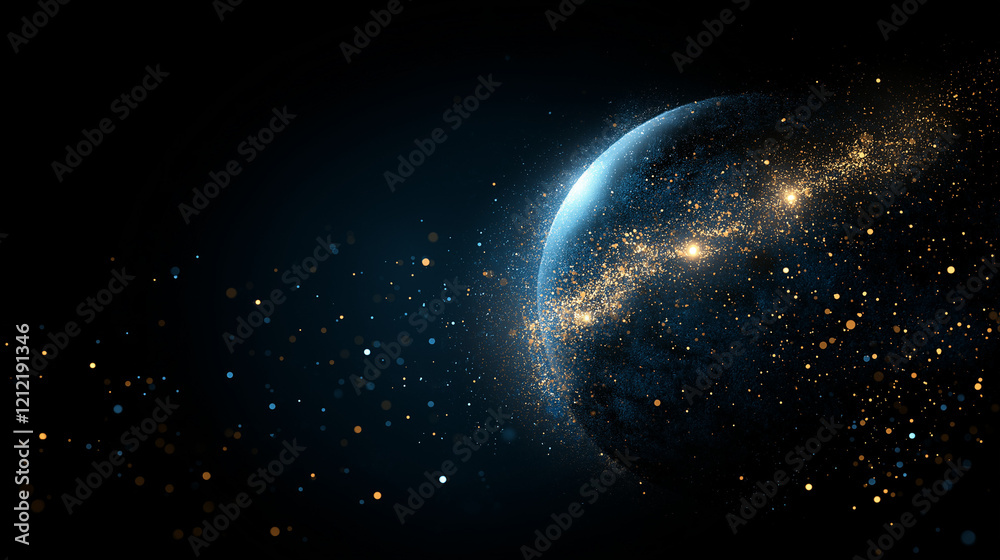 Obraz premium Celestial Dance: A mesmerizing cosmic scene featuring a vibrant, swirling nebula surrounding a celestial body, sparking with glittering stardust in a breathtaking display of cosmic wonder.