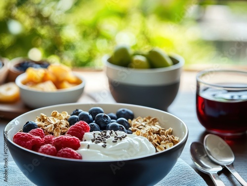 A serene breakfast nook with vegetarian dishes, featuring yogurt bowls, fresh fruit photo