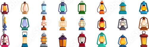 Camp lantern icons set. Set of different vintage and modern oil lamps illuminating dark spaces, creating cozy atmosphere