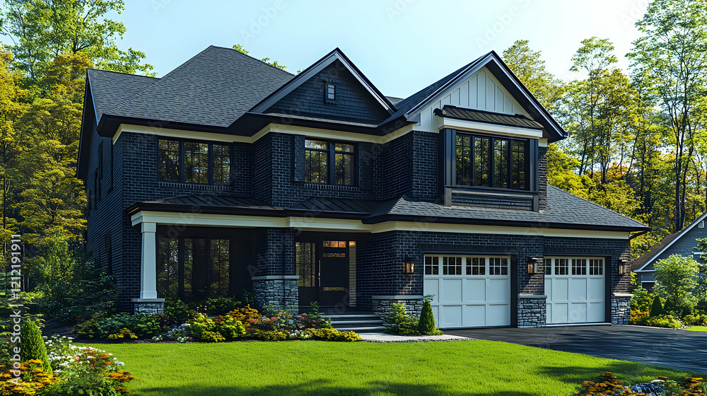 Modern Luxury Home Exterior with Dark Siding and White Trim Modern Luxury Home Exterior with Dark Siding and White Trim
