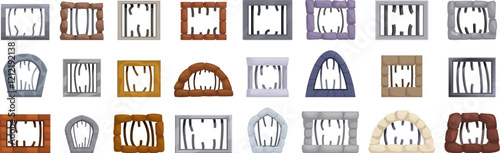 Broken jail bars icons set. Prison bars set showing different materials and shapes for jail windows, creating a diverse range of confinement imagery