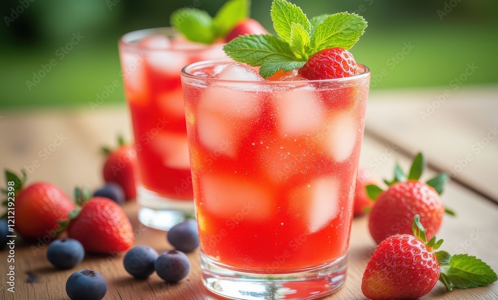 Refreshing berry drinks garnished with mint Refreshing berry drinks garnished with mint