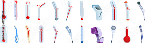 Broken thermometer icons set. Cartoon set of thermometers measuring high fever and broken thermometers icons for web design isolated on white background