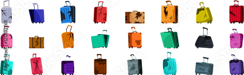 Broken luggage icons set. Collection of damaged suitcases showcasing various states of disrepair, highlighting common travel mishaps