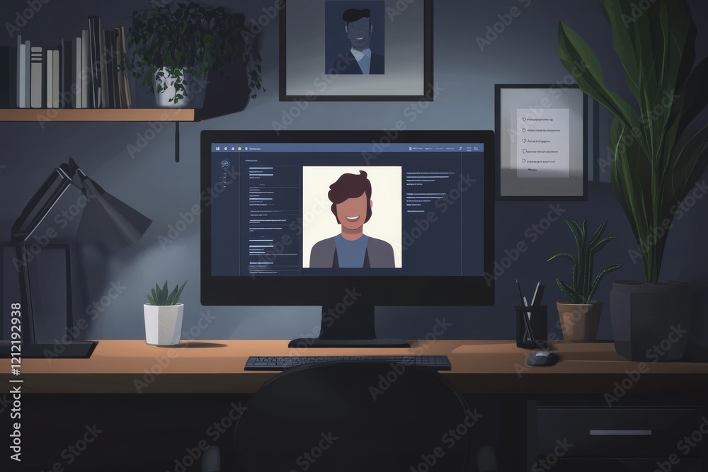 Night Office Workspace with Profile on Computer Screen Night Office Workspace with Profile on Computer Screen
