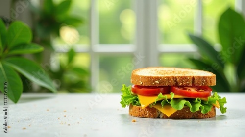 A delectable cheese and tomato sandwich on whole grain bread, artfully arranged on a light gray surface, with a blurred background of lush green foliage visible through a bright window.