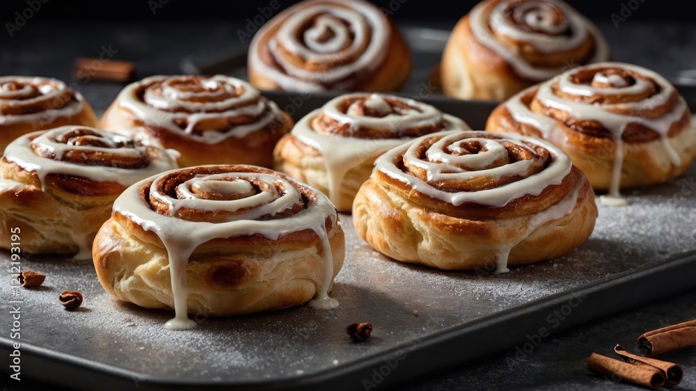 Freshly baked cinnamon rolls drizzled with icing on a baking tray. Freshly baked cinnamon rolls drizzled with icing on a baking tray.