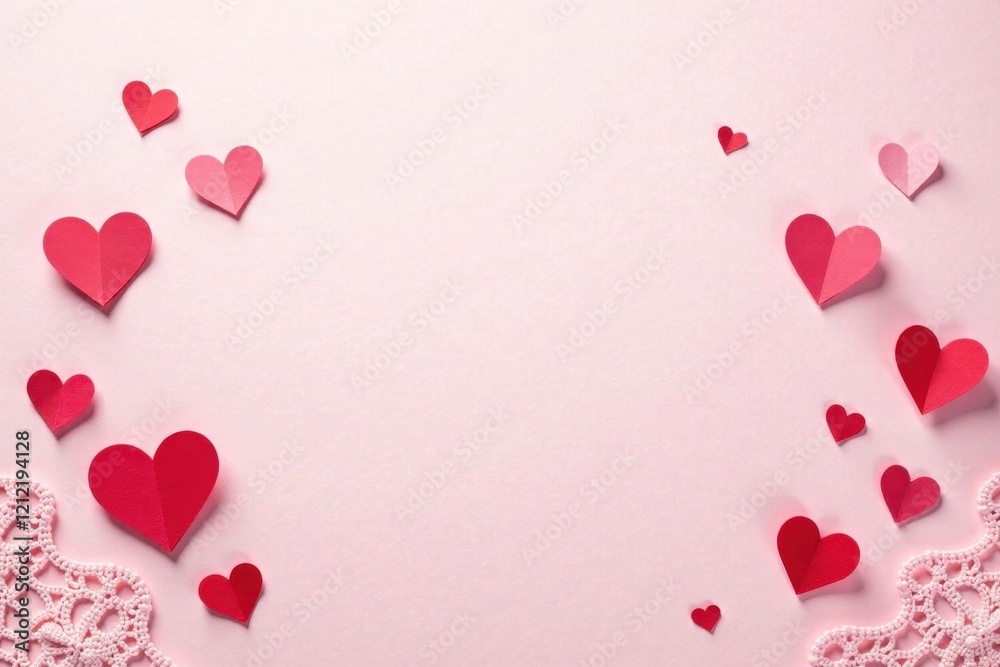 Romantic Pink Background with Scattered Paper Hearts and Delicate Lace Romantic Pink Background with Scattered Paper Hearts and Delicate Lace