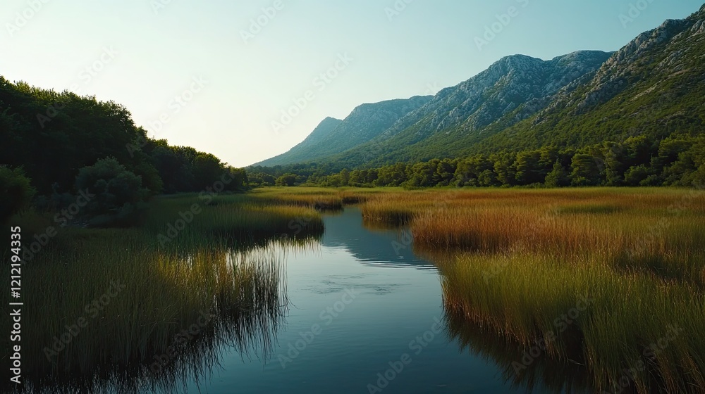 Calm river flows through tranquil mountain valley wetlands at sunset; nature background. Calm river flows through tranquil mountain valley wetlands at sunset; nature background.