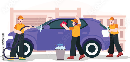 Car Wash Illustration Purple Car Cleaning Process Team at Work Highlights the cleaning process for a purple car with a professional team.