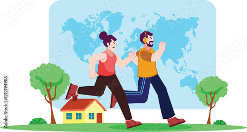 Couple Running Together Global Running Day Illustration Highlights a couple jogging together to celebrate Global Running Day.