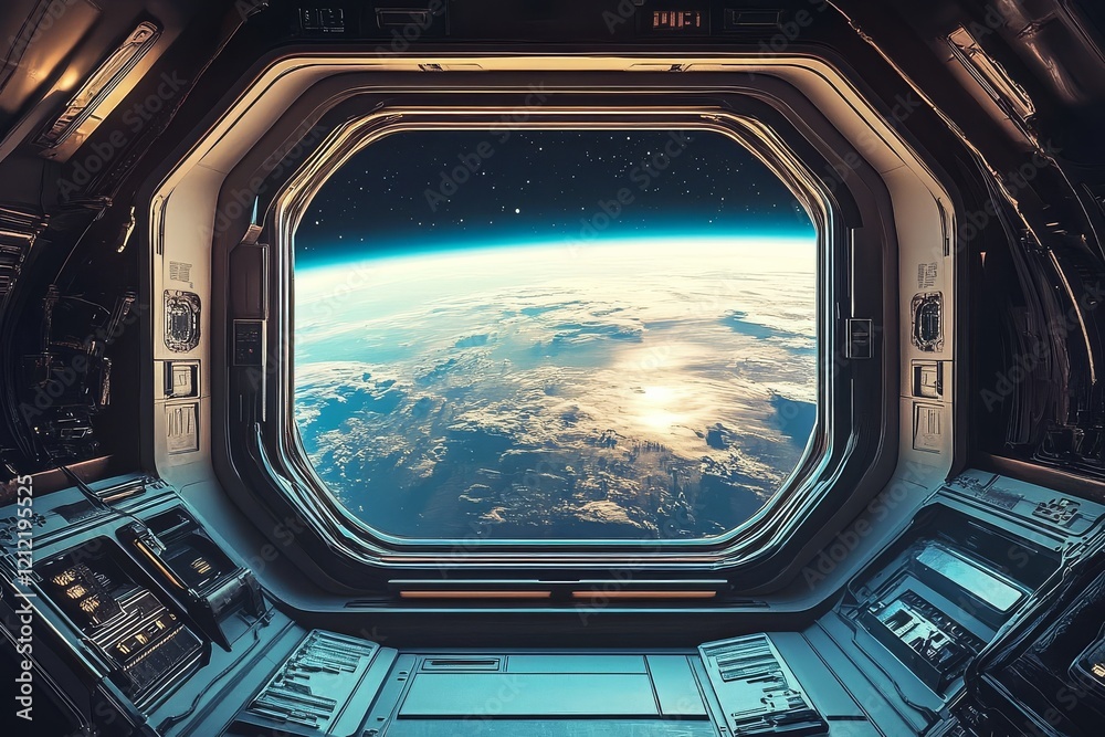 A vibrant spaceship interior illuminated against the backdrop of darkness. A vibrant spaceship interior illuminated against the backdrop of darkness.