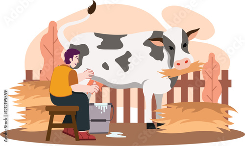 Farmer Milking Cow in Barn World Milk Day Illustration Shows a farmer milking a cow in a rustic barn setting for World Milk Day.