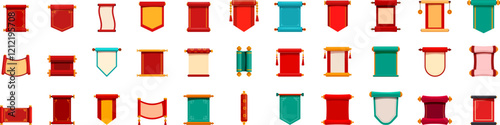 Chinese hanging scroll icons set. Set of ancient scrolls representing traditional asian documents with blank space for calligraphy or imperial edicts
