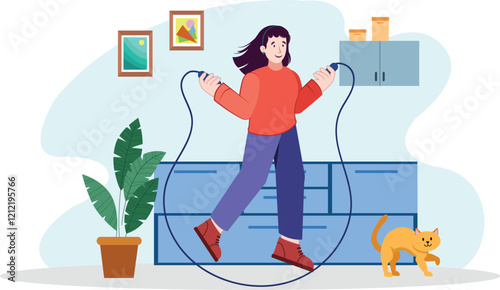 Home Fitness Illustration Featuring Indoor Skipping Rope Exercise for Cardio Shows a person exercising with a skipping rope in a home fitness setup.