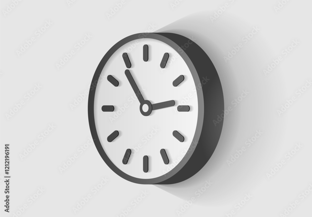 Gray clock icon in 3d flat style, with a light arrow. Time on white background. Business watch. Vector design element for you project Gray clock icon in 3d flat style, with a light arrow. Time on white background. Business watch. Vector design element for you project