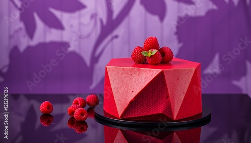 A captivating image of a modern geometric raspberry cake, showcasing its vibrant red color, glossy finish, and elegant presentation against a purple backdrop. The cake's intricate design and fresh photo