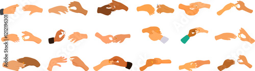 Hand putting ring icons set. Many hands putting rings on fingers during wedding ceremony