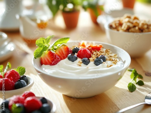 A serene breakfast nook with vegetarian dishes, featuring yogurt bowls, fresh fruit photo