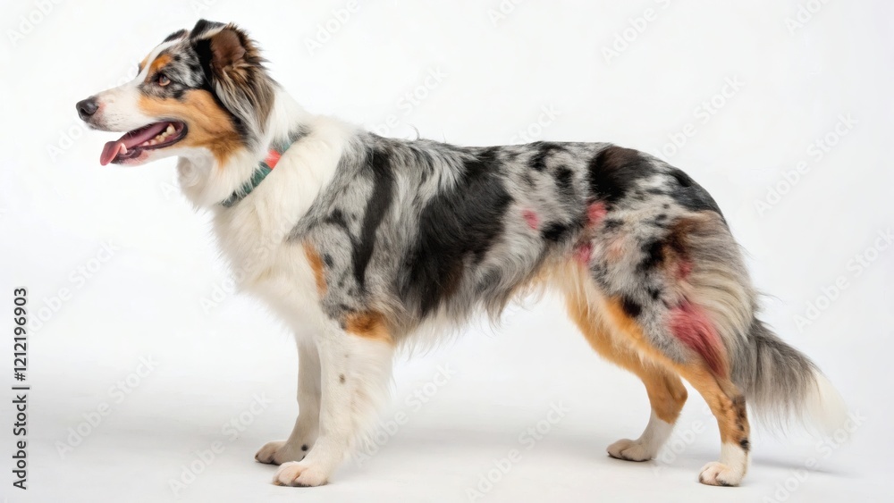 Mixed breed dog on a white background with multi-colored fur