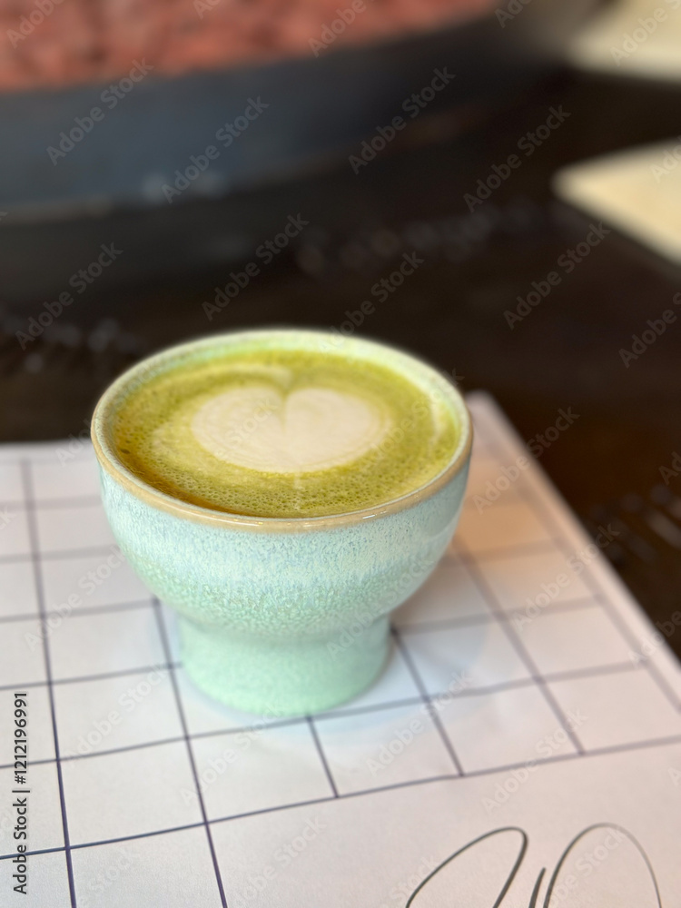 Creamy vegan matcha latte served in a pastel ceramic cup. Heart-shaped latte art and minimalistic background. Calming and aesthetic atmosphere. Food and drink concept Creamy vegan matcha latte served in a pastel ceramic cup. Heart-shaped latte art and minimalistic background. Calming and aesthetic atmosphere. Food and drink concept
