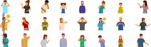 Meningitis symptoms icons set. Collection of sick people suffering from various illnesses and physical discomfort