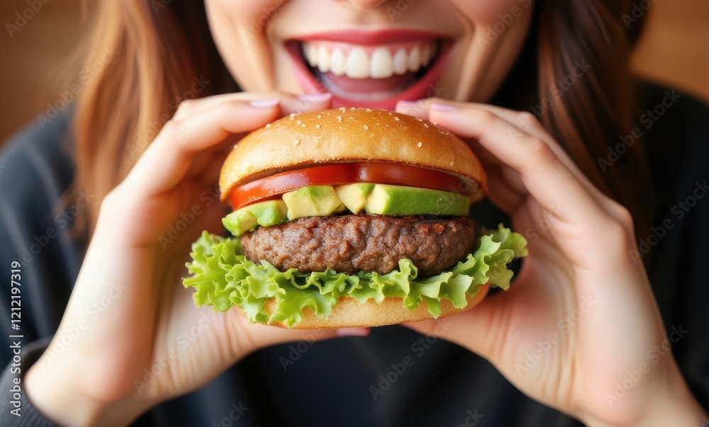 Smiling woman enjoying a fresh burger Smiling woman enjoying a fresh burger