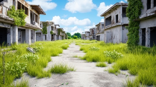 Abandoned Building Complex Surrounded by Lush Green Grass and Sky