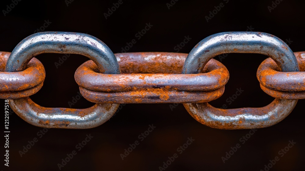 Fototapeta premium Rusty chain links close-up, dark background, strength concept