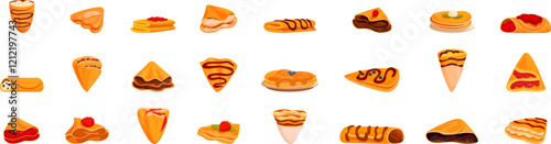 Sweet crepe icons set. Set of delicious crepes and pancakes with various toppings and fillings, showcasing different ways of serving these treats photo