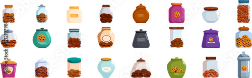 Cookie jar icons set. Different types of cookies are stored in glass jars and ceramic containers, showcasing a variety of treats