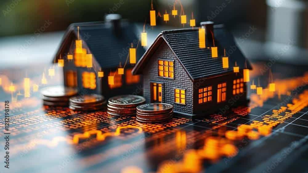 Real Estate Investment: Two miniature house models stand amidst a backdrop of financial charts and a stack of gold coins, symbolizing the lucrative world of real estate investment.