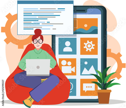 App Development Illustration for UI/UX Designers and Developers An engaging design showcasing a collaborative workspace with UI/UX designers and developers working together.