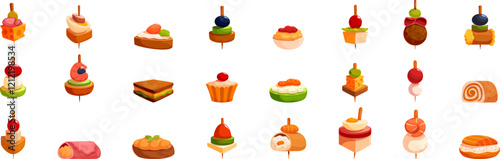 Buffet finger food appetizer icons set. Colorful assortment of canapes showcasing diverse flavors and elegant presentation for parties and gatherings