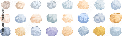 Crumpled paper ball icons set. Collection of colorful crumpled paper balls representing rejected concepts, creative block, or discarded drafts