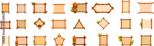Hawaiian bamboo frames icons set. Various wooden frames with tiki masks and tropical leaves add an exotic hawaiian touch