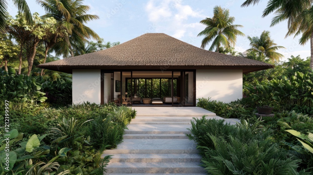 Tropical Modern House with Lush Greenery and Thatched Roof Tropical Modern House with Lush Greenery and Thatched Roof