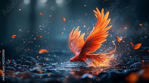 Fiery bird taking flight in dark forest, magical scene photo