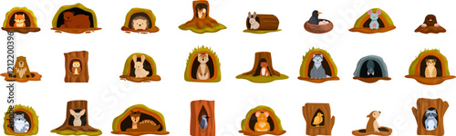 Animal holes icons set. Collection of diverse wild animals taking refuge in burrows, nests, and tree hollows, showcasing their natural habitats