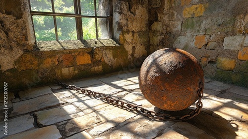 Rusty cannonball chained, old stone room, sunlight, history