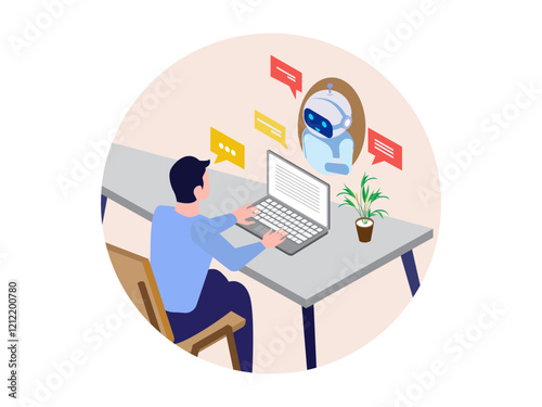 man online chatbot AI assistant helps productivity work study illustration background clipart