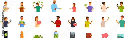 Kids money icons set. People managing money, saving cash, paying online, making donations, and investing icons set