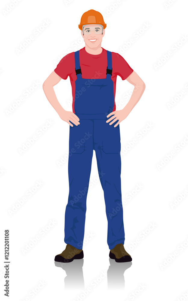 Smiling Construction Worker in Protective Gear Standing Confidently with Safety Glasses and Hands on Hips. Vector Flat Style Illustration Isolated On White Smiling Construction Worker in Protective Gear Standing Confidently with Safety Glasses and Hands on Hips. Vector Flat Style Illustration Isolated On White