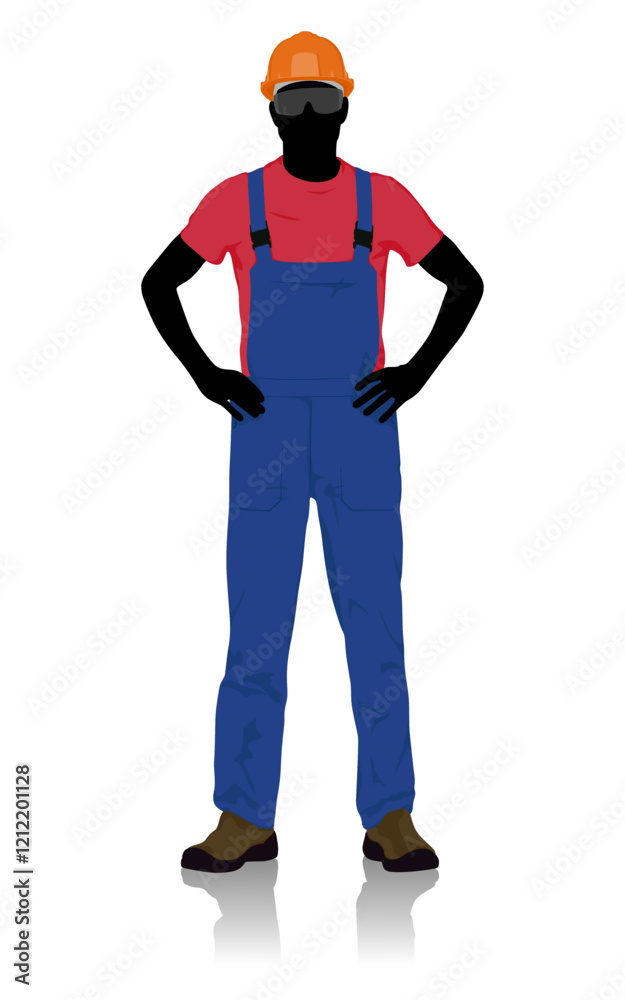 Silhouette of a Construction Worker Wearing Safety Glasses and Standing Confidently with Hands on Hips. Vector Flat Style Illustration Isolated On White Silhouette of a Construction Worker Wearing Safety Glasses and Standing Confidently with Hands on Hips. Vector Flat Style Illustration Isolated On White