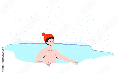 
A man bathes in an ice hole. Hand drawn vector illustration. Extreme ice swimming. Hardening and taking care of health.