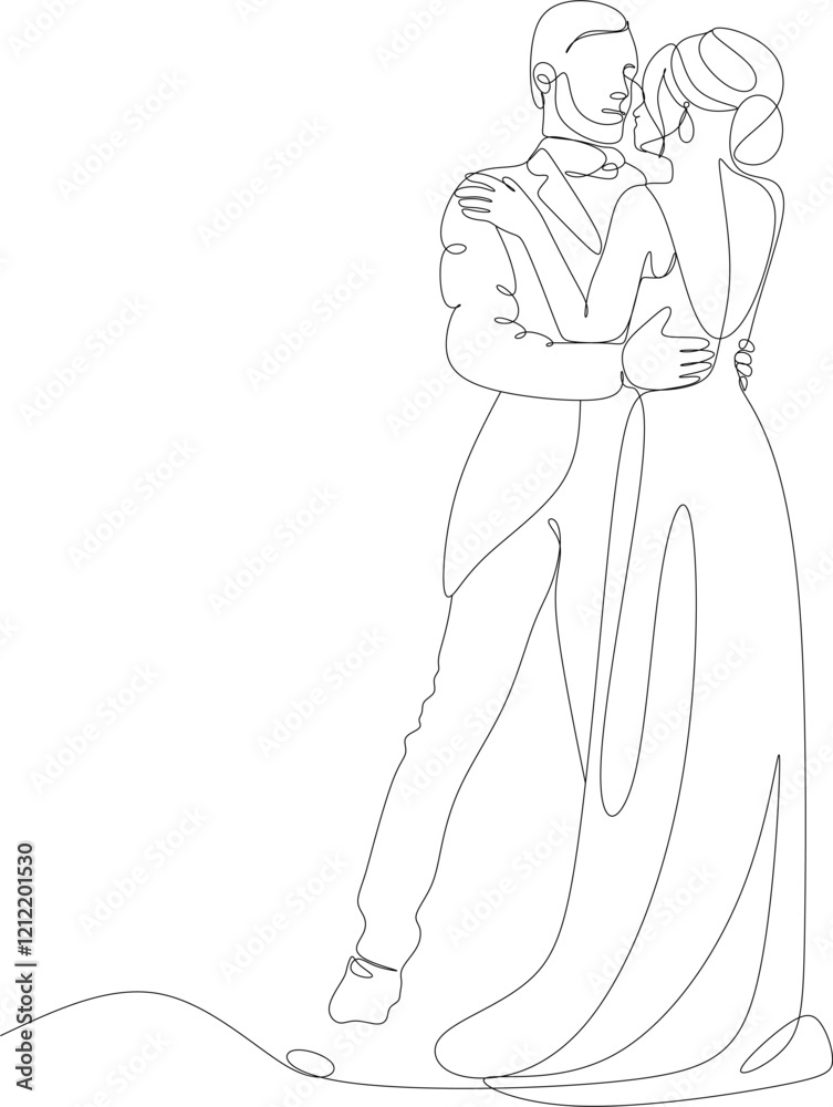 Single one line drawing of happy cute married men and women dancing in party park. Romantic young wedding couple. Vector illustration, Single one line drawing of happy cute married men and women dancing in party park. Romantic young wedding couple. Vector illustration,