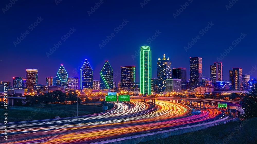 Fototapeta premium Vibrant City Skyline with Dynamic Highway Lights at Night