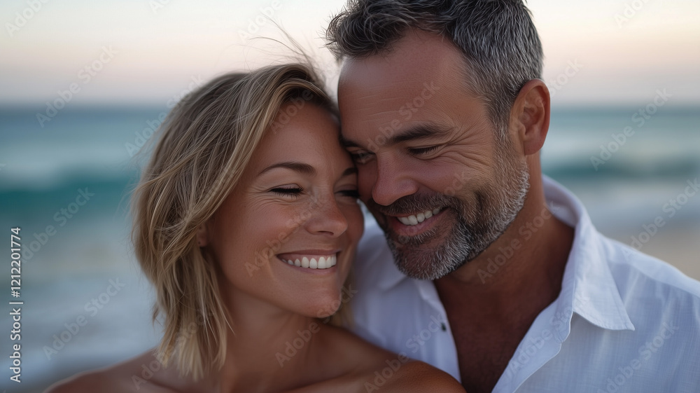 A photo of the handsome man with short hair and a grey beard, wearing a white shirt, is smiling while he touches his beautiful wife's face on the beach. She has a blonde. Ai generated A photo of the handsome man with short hair and a grey beard, wearing a white shirt, is smiling while he touches his beautiful wife's face on the beach. She has a blonde. Ai generated