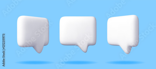 3D white blank speech bubble set isolated on blue. Render collection of chat balloon pin. Notification shape mockup. Communication, web, social network media, app button. Realistic vector illustration
