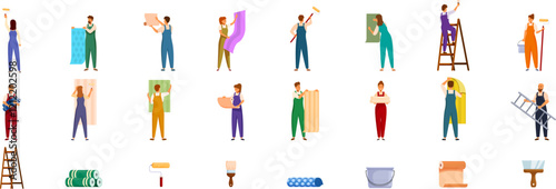 Applying wallpapers icons set. Various decorators are busy renovating, hanging wallpaper, painting, and utilizing tools in this vibrant illustration set